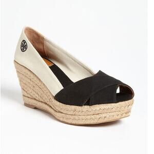 Tory Burch Filipa Canvas Peep Toe Espadrille Wedges 9